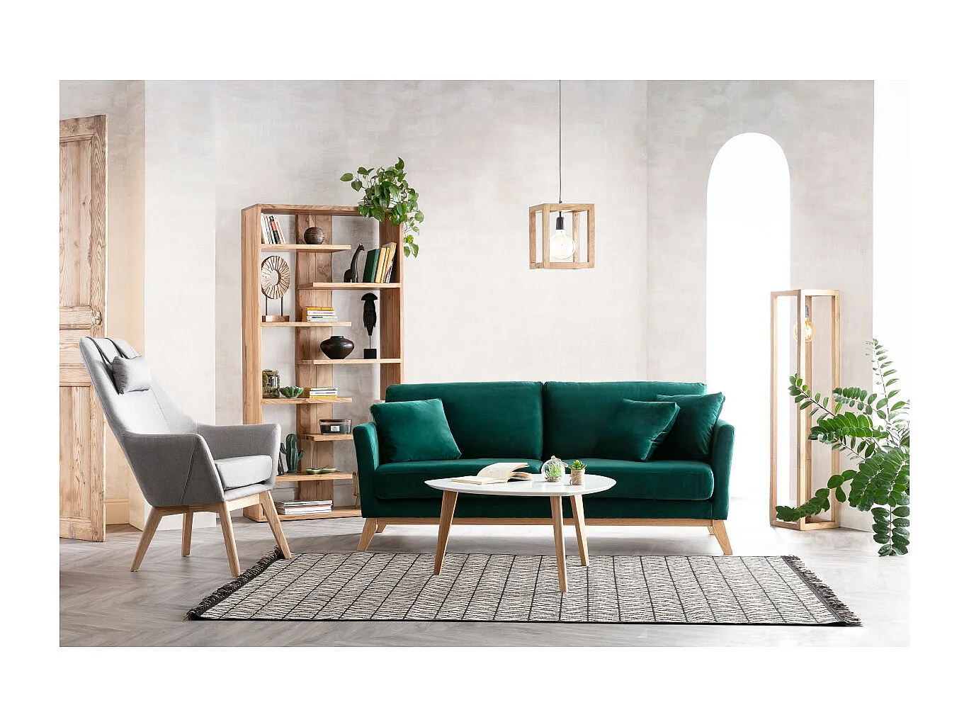 Canapé scandinave déhoussable 3 places en tissu velours bleu pétrole et bois clair OSLO
