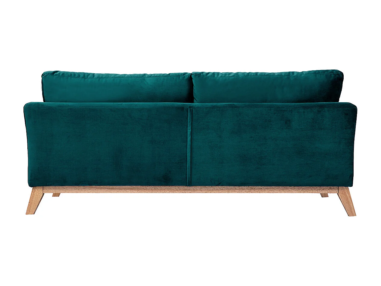 Canapé scandinave déhoussable 3 places en tissu velours bleu pétrole et bois clair OSLO