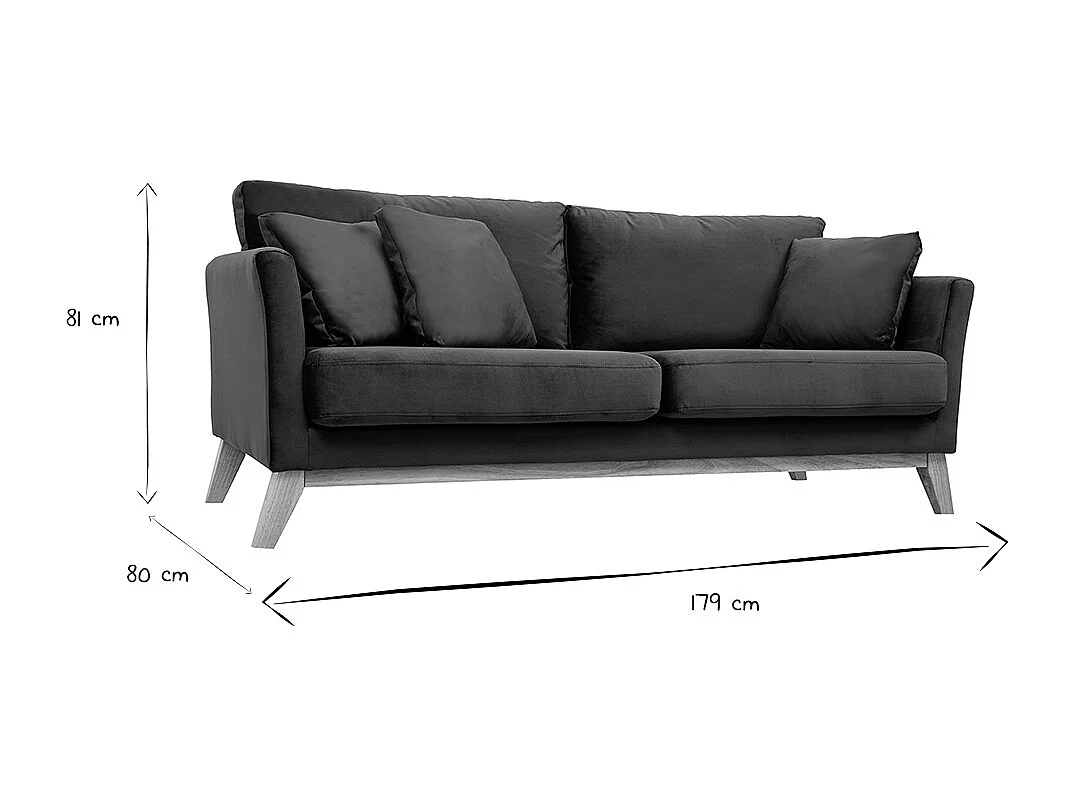 Canapé scandinave déhoussable 3 places en tissu velours bleu pétrole et bois clair OSLO