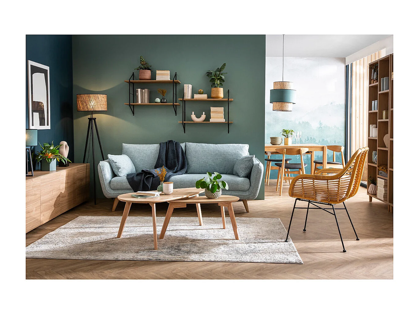 Canapé scandinave 3 places en tissu bleu glacier et bois clair CREEP