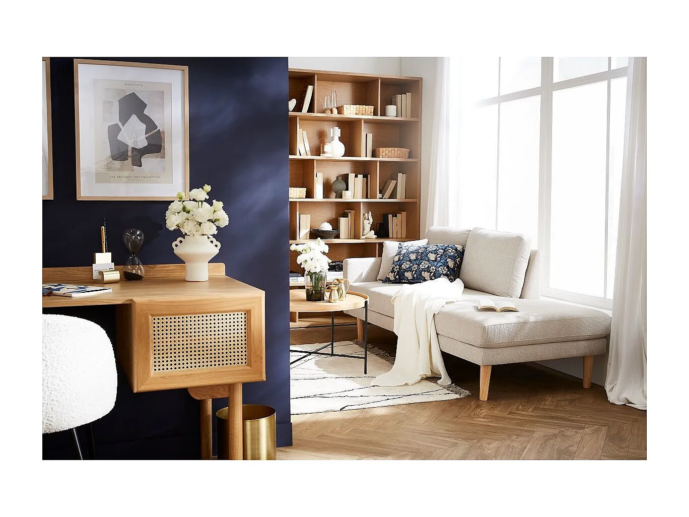 Méridienne scandinave en tissu vert de gris et bois clair massif L190 cm BERTILLE