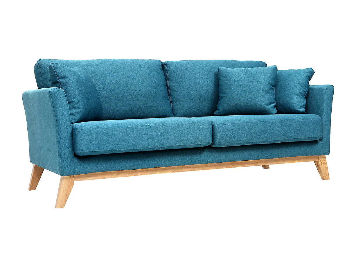 Canapé scandinave déhoussable 3 places en tissu bleu canard et bois clair OSLO