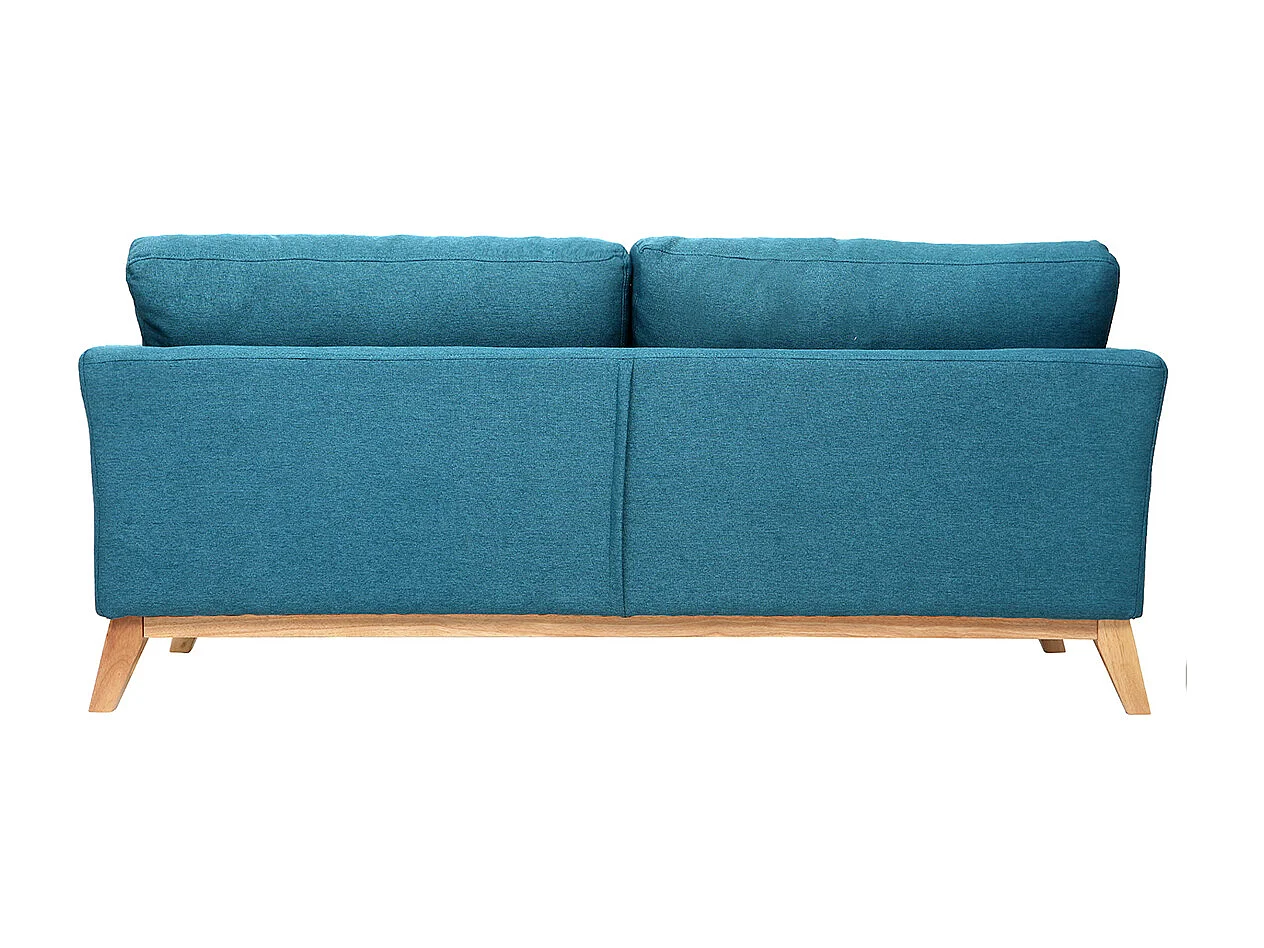 Canapé scandinave déhoussable 3 places en tissu bleu canard et bois clair OSLO