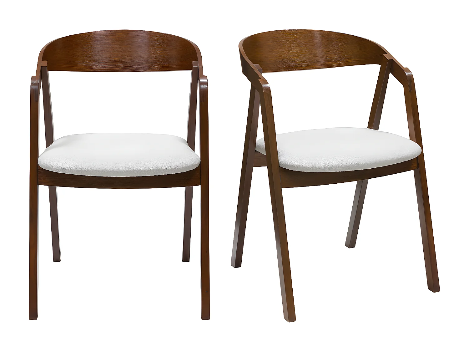 Vintage-Stühle aus Massivholz mit Walnussfurnier und weißem Stoff mit Bouclé-Wolleffekt (2er-Set) LOVA