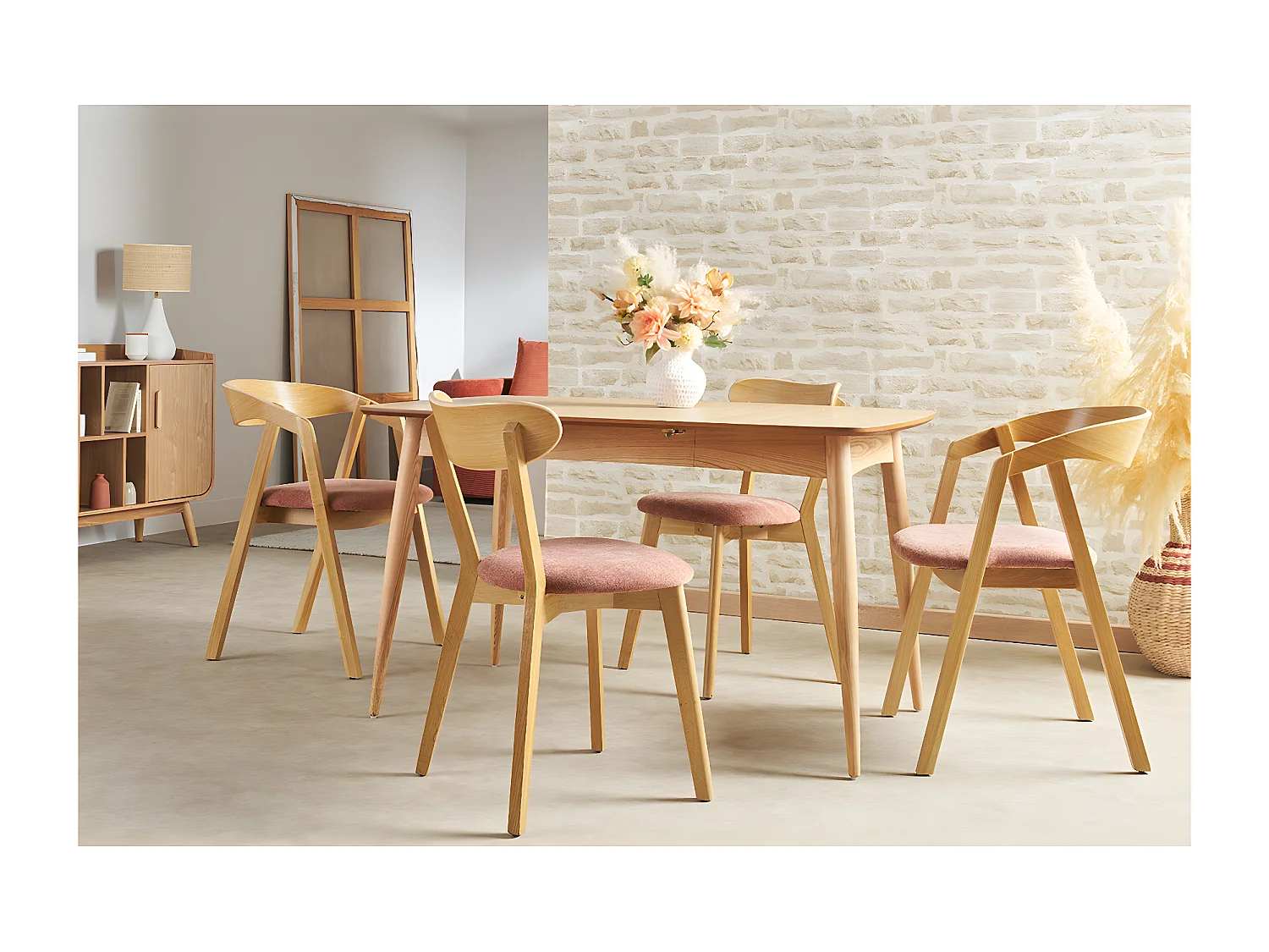 Chaises vintage en bois clair chêne et tissu effet velours terre brûlée (lot de 2) DOVE