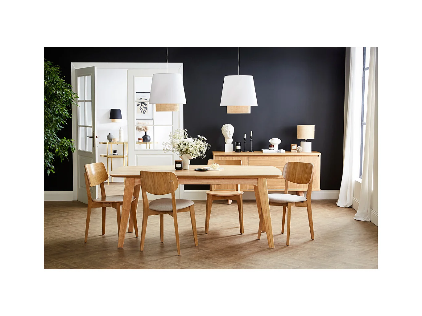 Chaises vintage en bois clair chêne et tissu beige (lot de 2) LUCIA