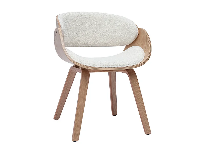 Design-Stuhl aus weißem Stoff mit Bouclé-Wolleffekt und hellem Holz BENT
