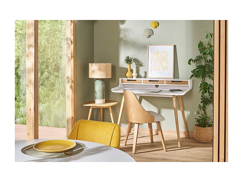 Designer-Stuhl aus zwei Materialien weiß und helles Holz FLUFFY