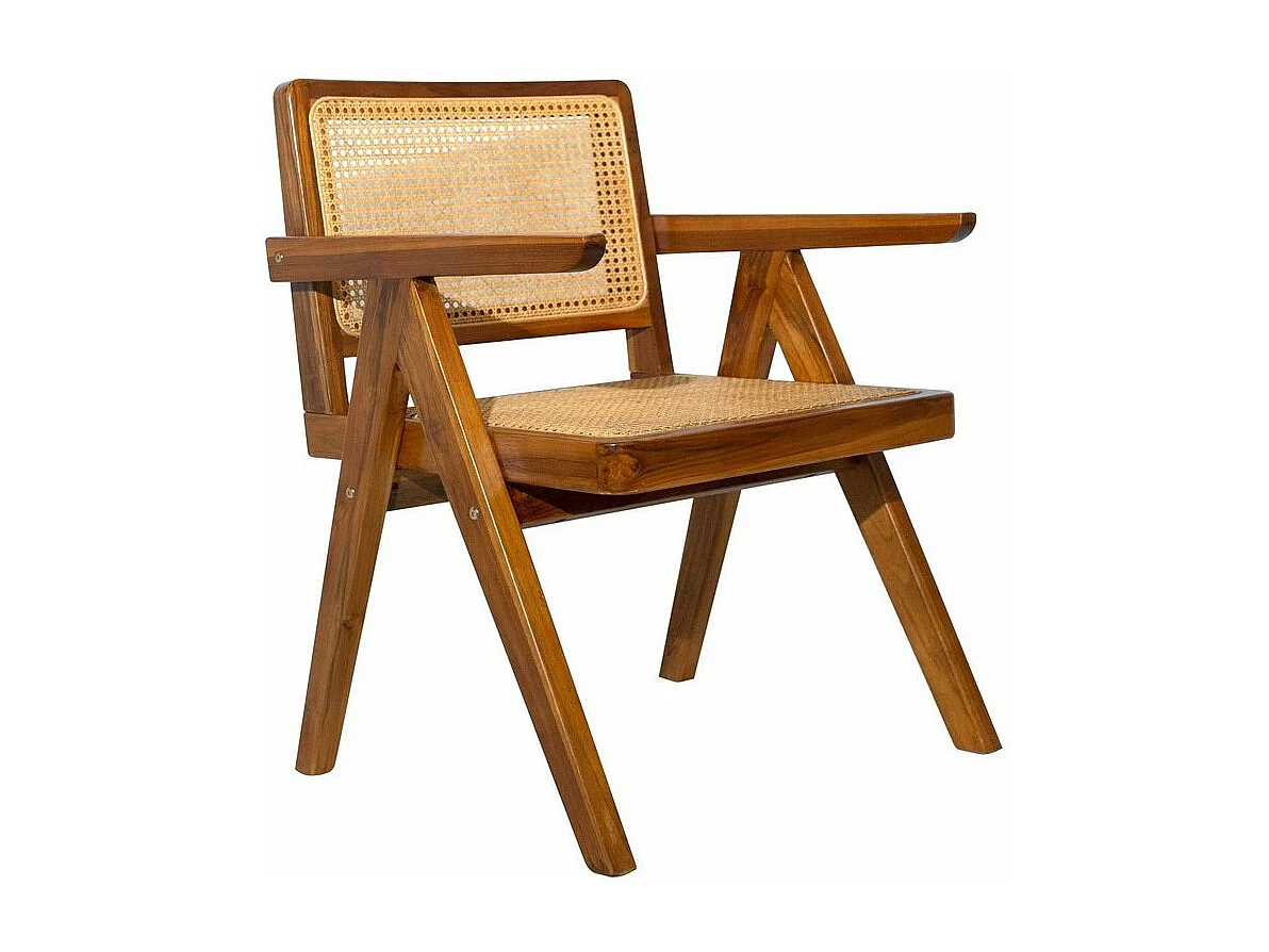Chaise vintage en bois teck massif et cannage rotin JANNIE