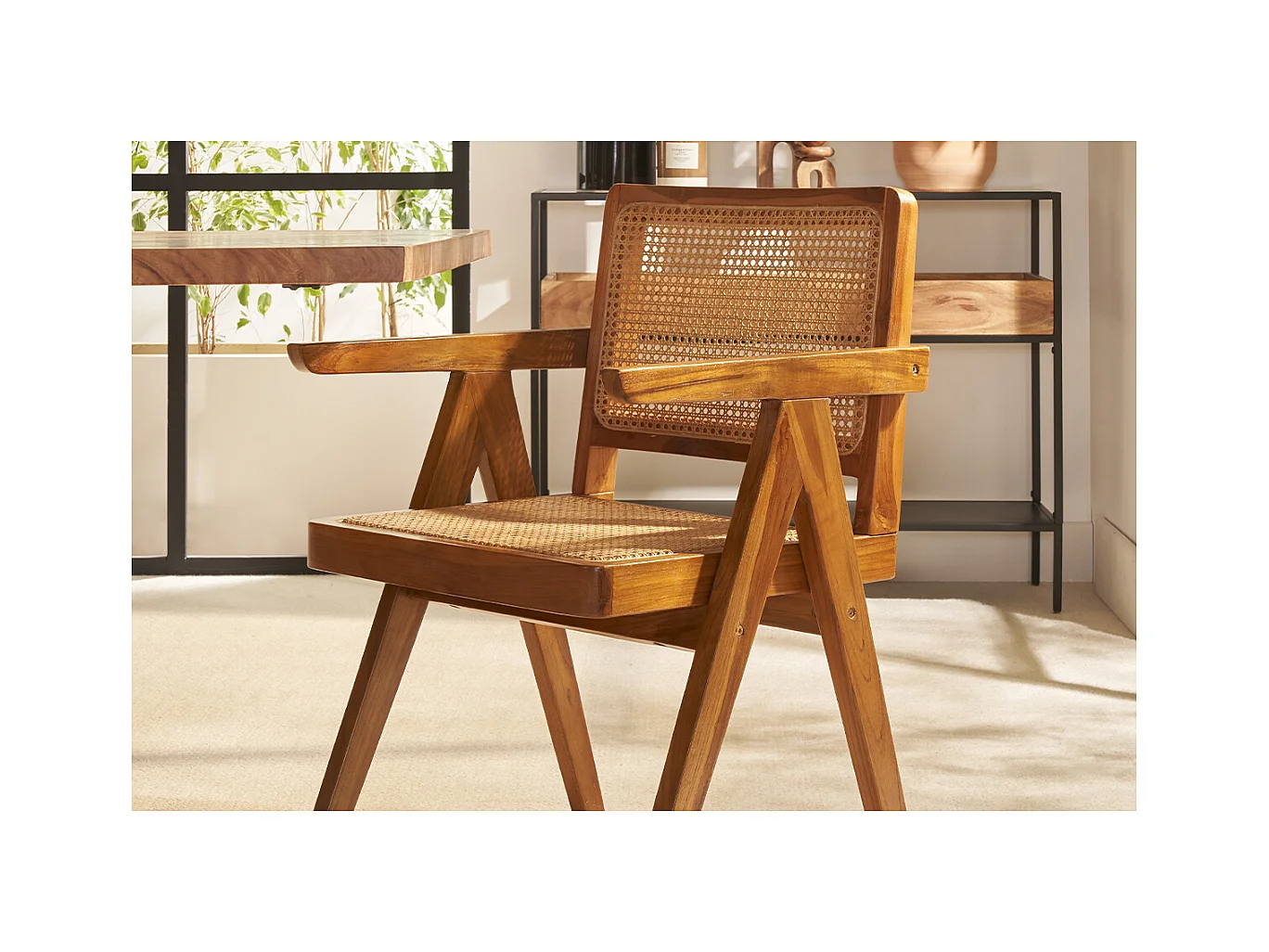 Chaise vintage en bois teck massif et cannage rotin JANNIE