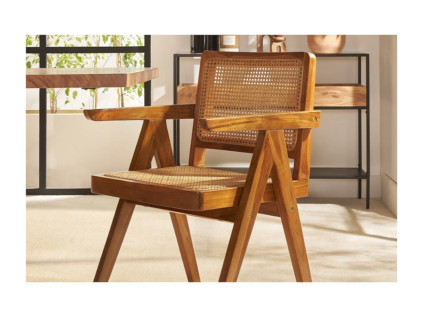 Sedia vintage in legno massello di teak e motivo a intreccio rattan JANNIE