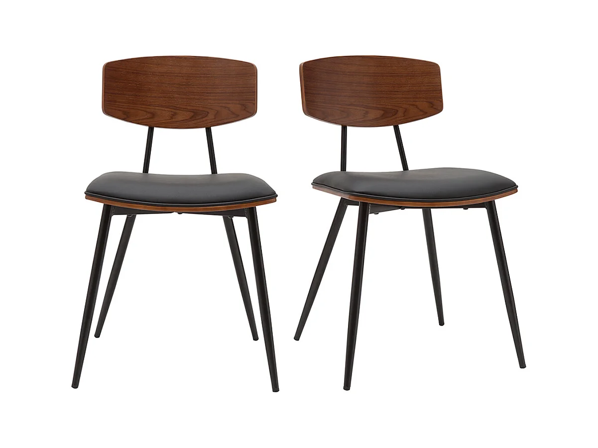 Chaises vintage en bois foncé noyer assises noires et métal noir (lot de 2) JOLINE