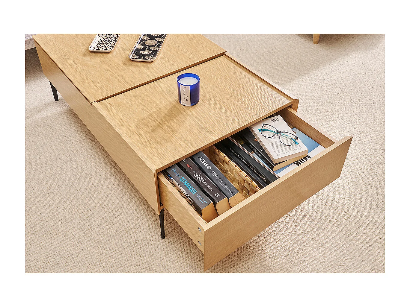 Table basse relevable rectangulaire bois clair finition chêne et métal noir L103 cm SEDA