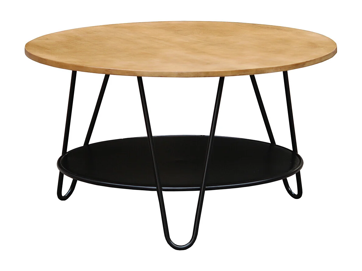 Runder Couchtisch aus massivem Mangoholz und schwarzem Metall PRIYA