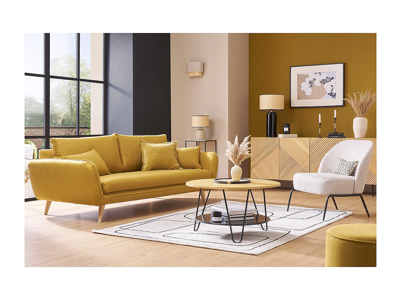 Runder Couchtisch aus massivem Mangoholz und schwarzem Metall PRIYA