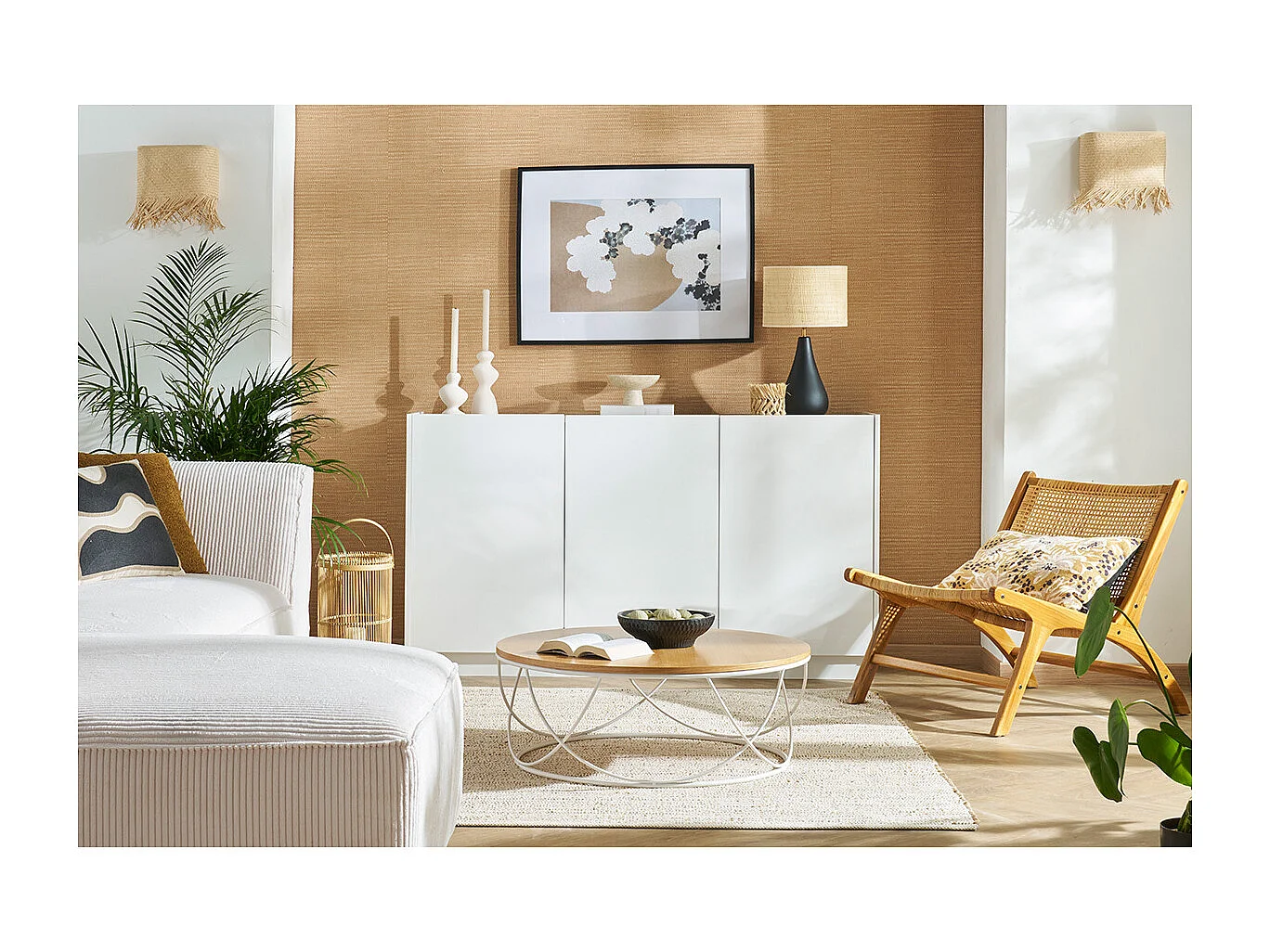 Table basse ronde bois clair chêne et métal blanc D80 cm LACE