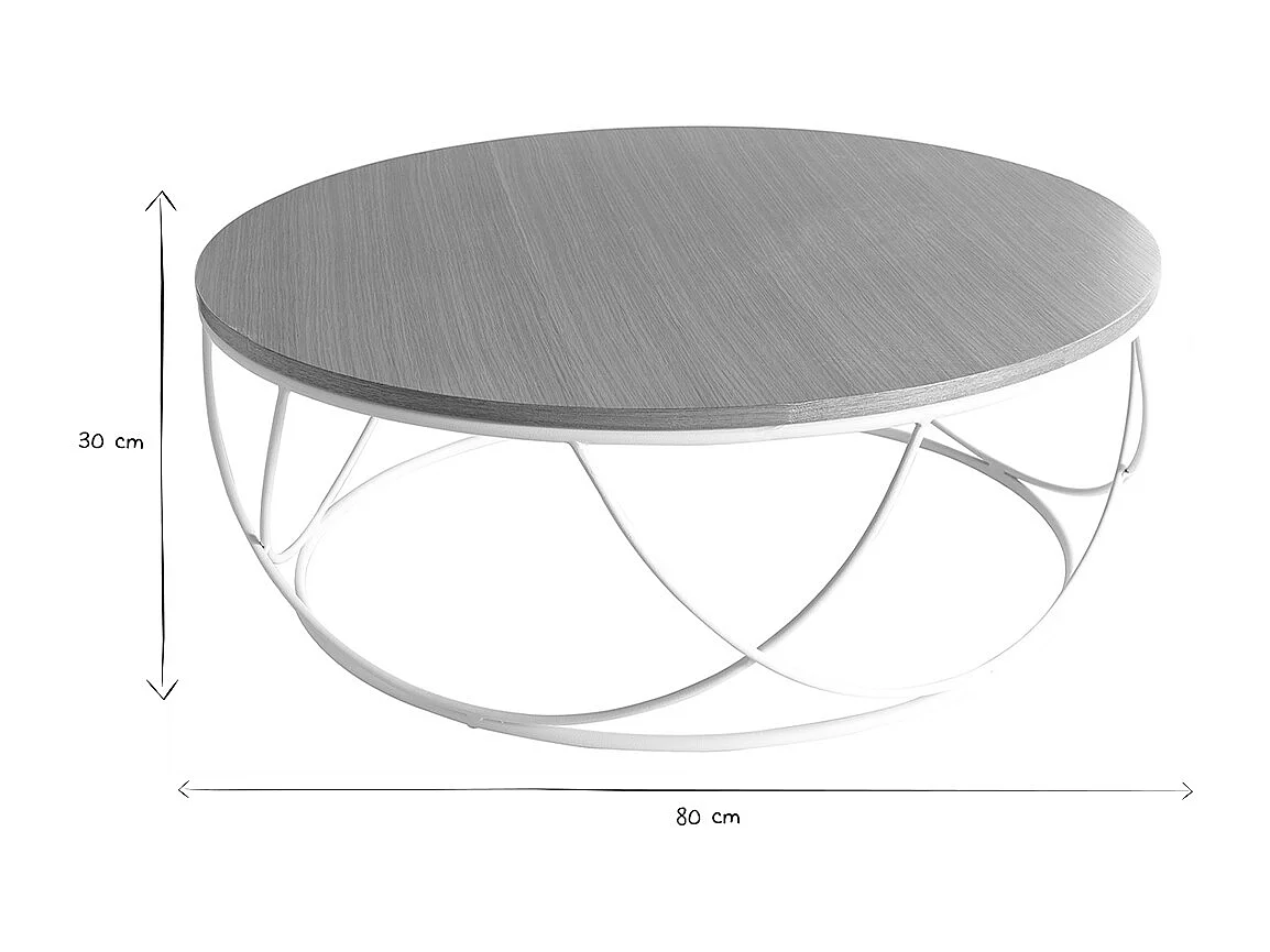 Table basse ronde bois clair chêne et métal blanc D80 cm LACE