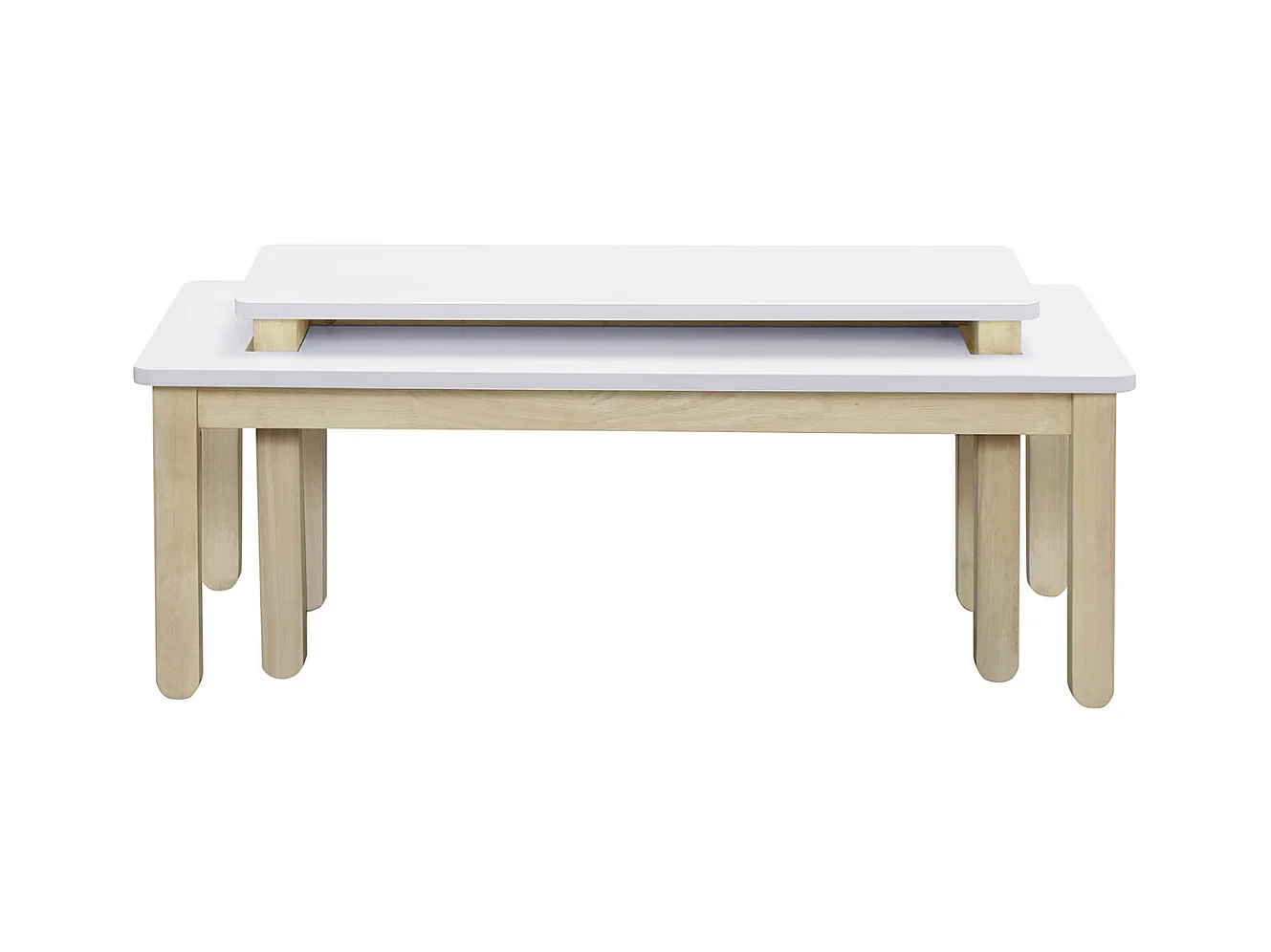 Tavolino basso scandinavo con banco integrato bianco e legno chiaro CYBEL