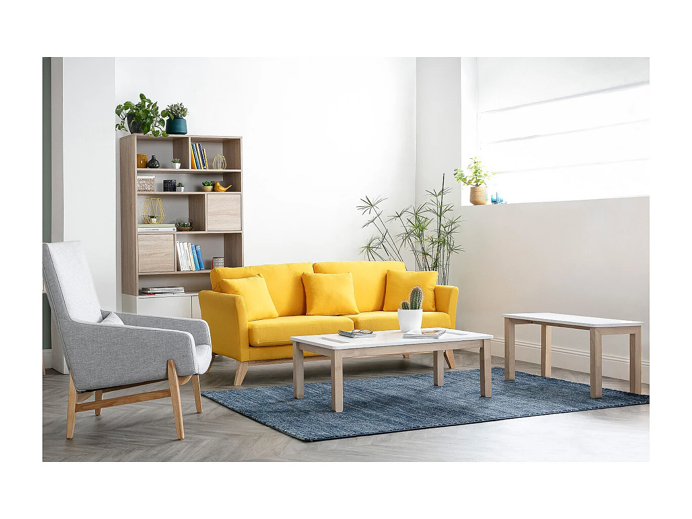 Couchtisch skandinavisch mit integrierter Bank Weiß und helles Holz CYBEL