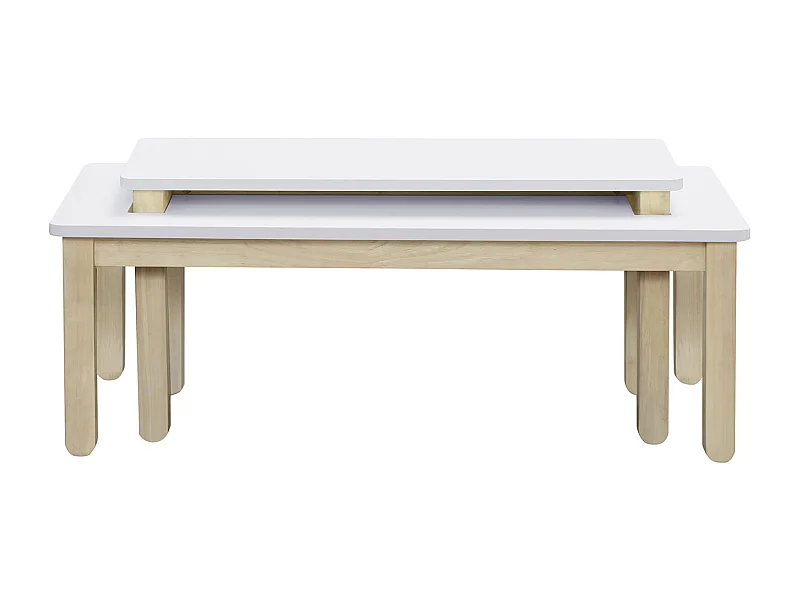 Tavolino basso scandinavo con banco integrato bianco e legno chiaro CYBEL