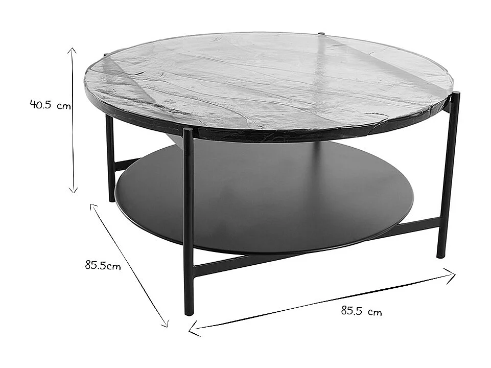 Mesa de centro redonda con doble tablero de cristal reciclado y metal negro 85 cm WELLE