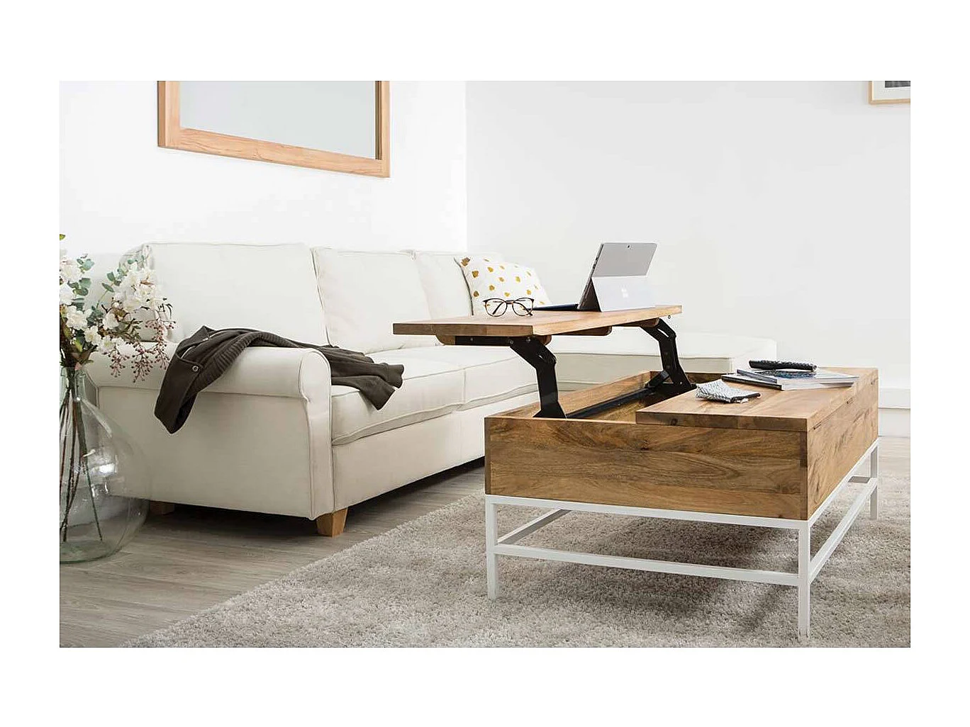 Mesa de centro elevable mango y metal blanco BOHO