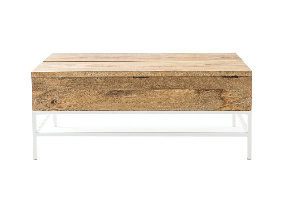 Table basse relevable rectangulaire bois manguier massif et métal blanc L110 cm BOHO