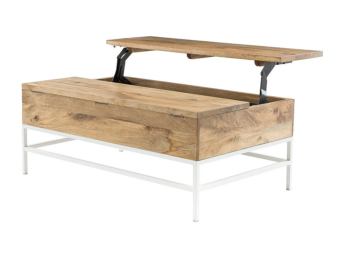 Table basse relevable rectangulaire bois manguier massif et métal blanc L110 cm BOHO