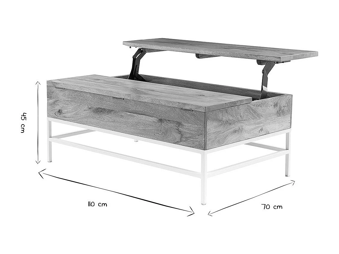 Table basse relevable rectangulaire bois manguier massif et métal blanc L110 cm BOHO