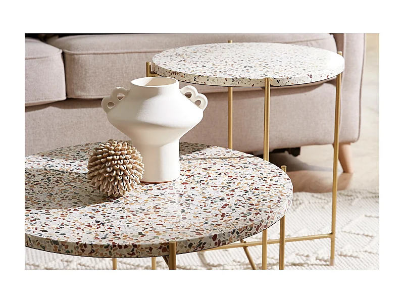 Mesa de centro de diseño redonda en terrazo y metal dorado 55 cm diám. MEZZO