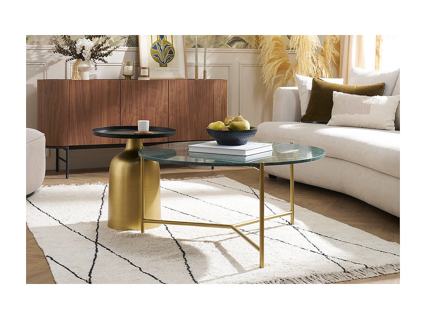 Table basse ronde design en marbre vert et laiton D90 cm SILLON