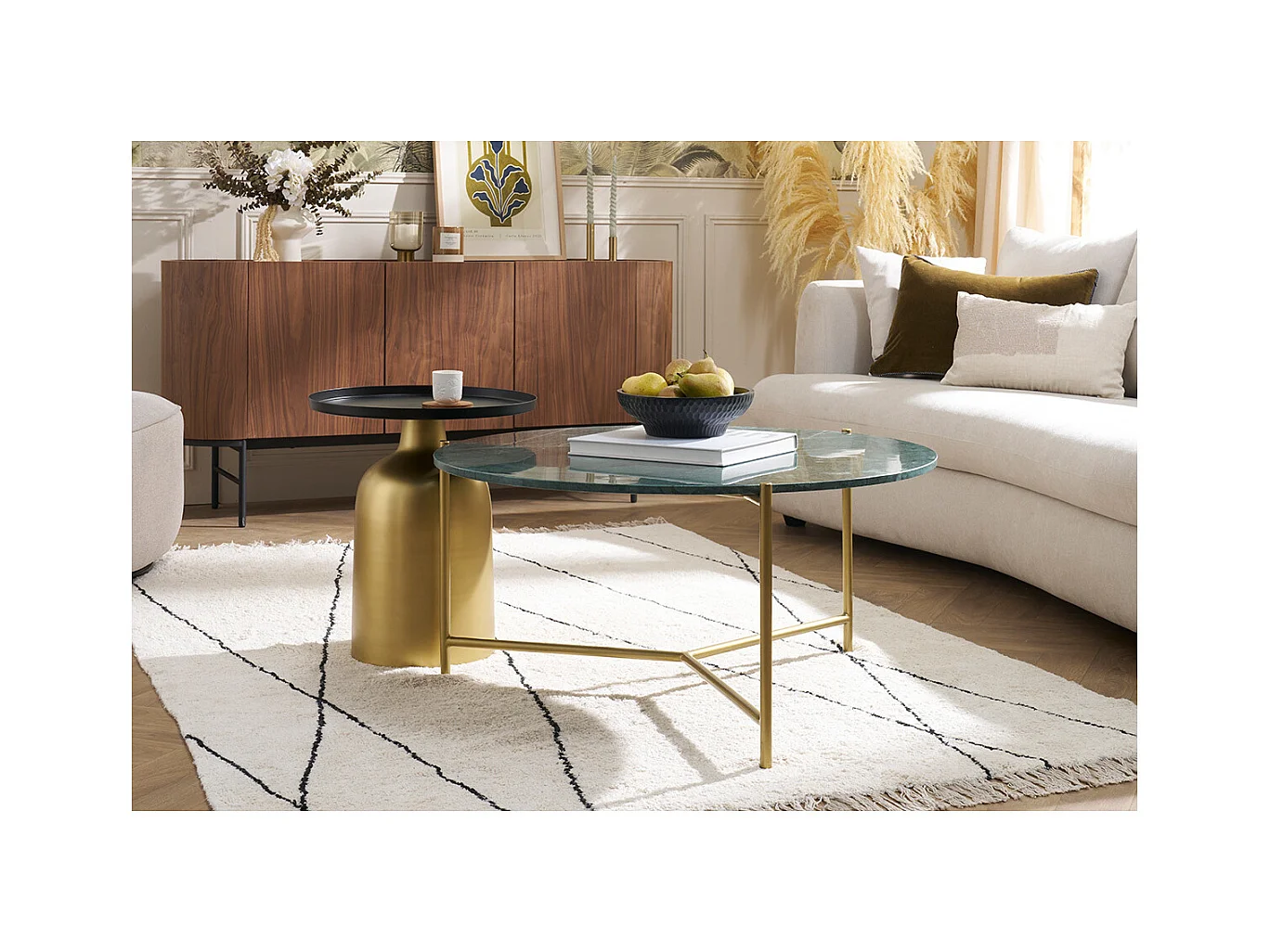 Runder Design-Couchtisch aus grünem Marmor und Messing D 90 cm SILLON