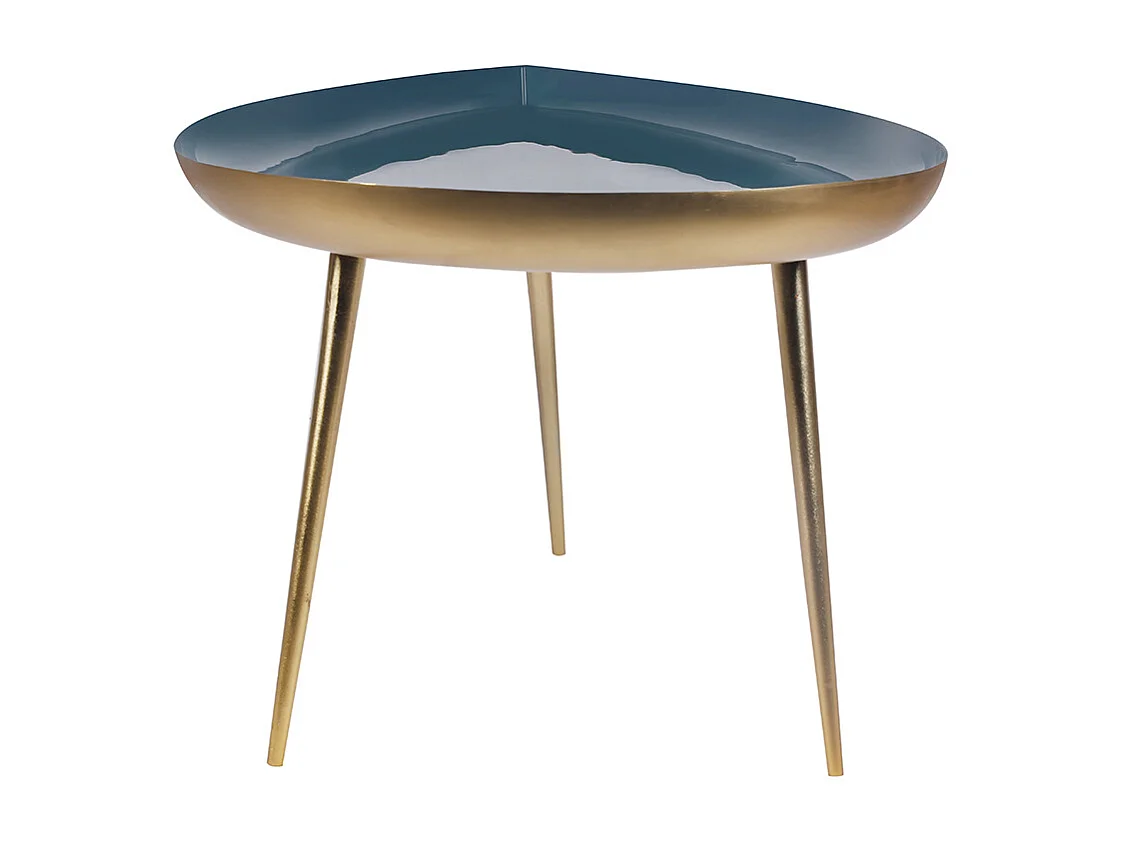 Table basse design en acier laqué bleu canard et doré L80 cm DROP