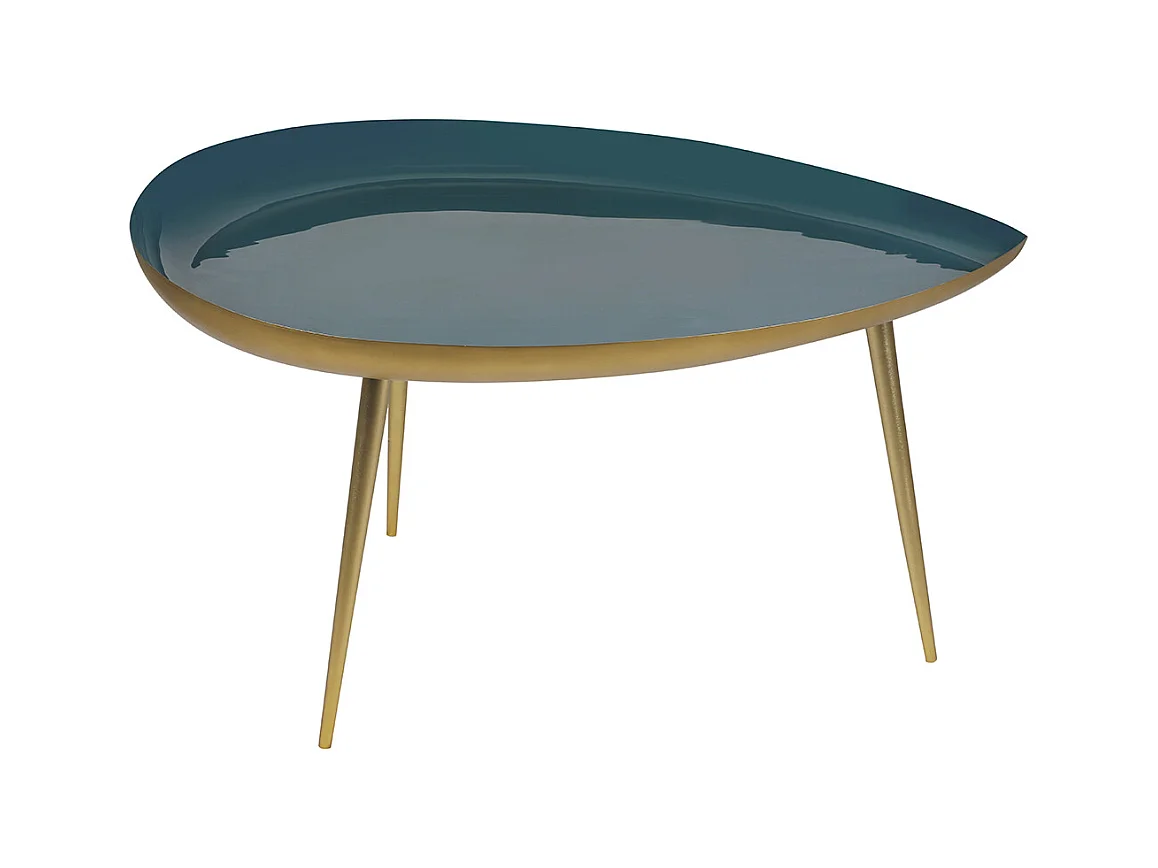 Table basse design en acier laqué bleu canard et doré L80 cm DROP