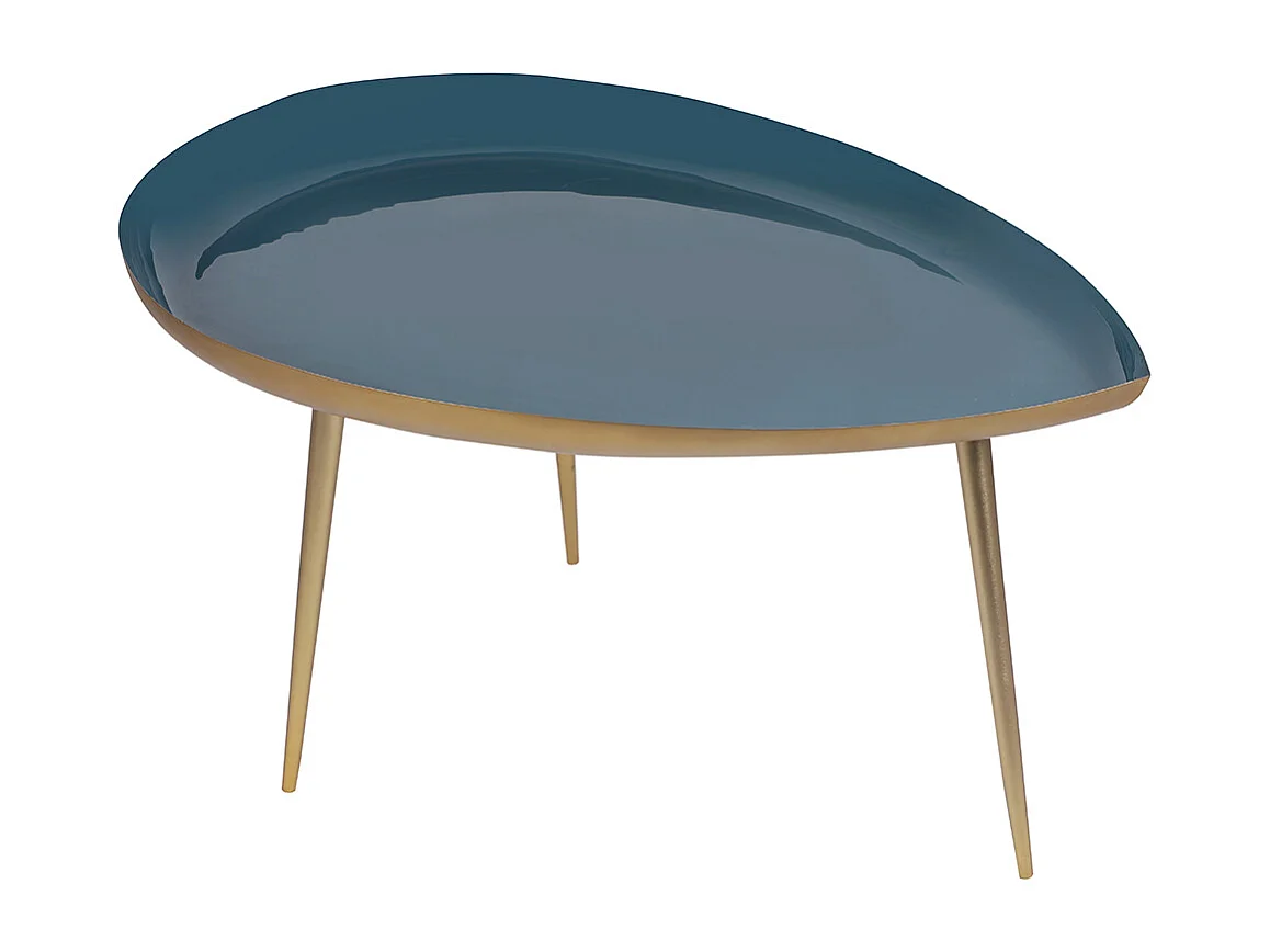 Table basse design en acier laqué bleu canard et doré L80 cm DROP