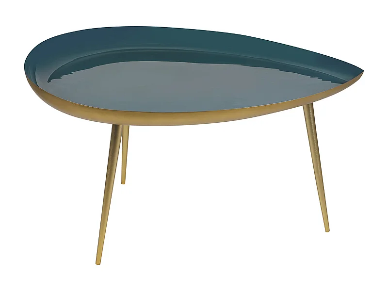 Table basse design en acier laqué bleu canard et doré L80 cm DROP