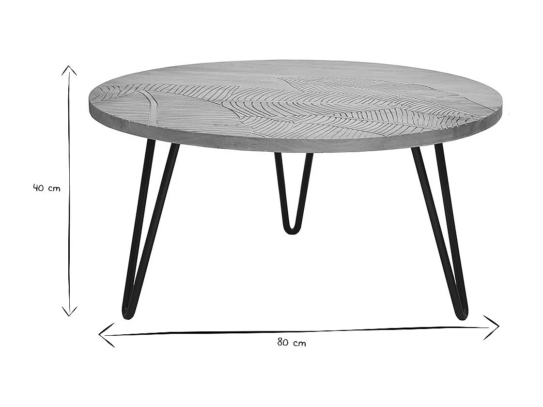 Tavolino basso rotondo inciso in mango e metallo nero VIBES