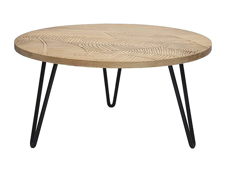 Tavolino basso rotondo inciso in mango e metallo nero VIBES