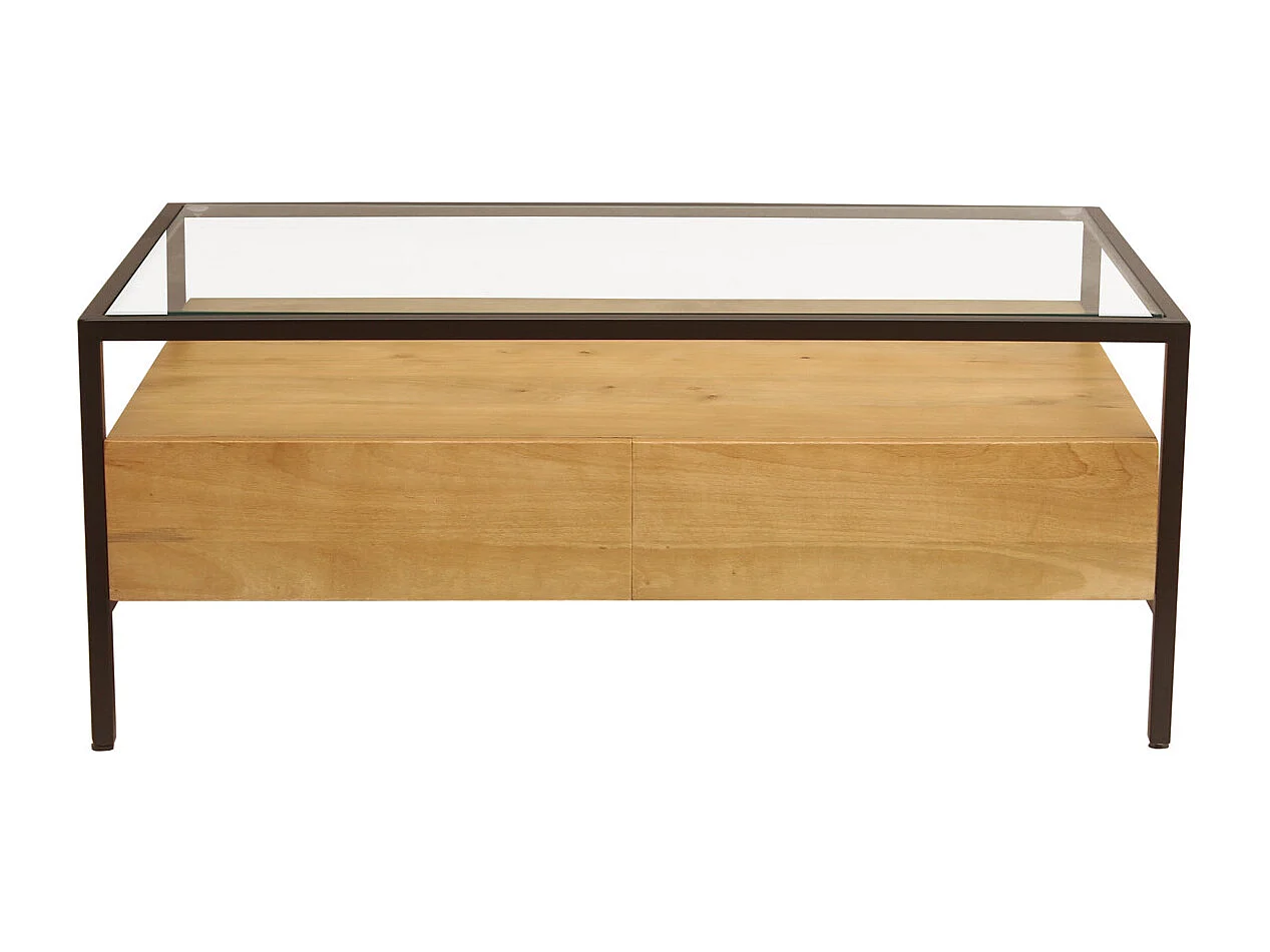 Tavolino da salotto rettangolare con ripiani in legno massello di mango, vetro e metallo nero L100 cm SITA