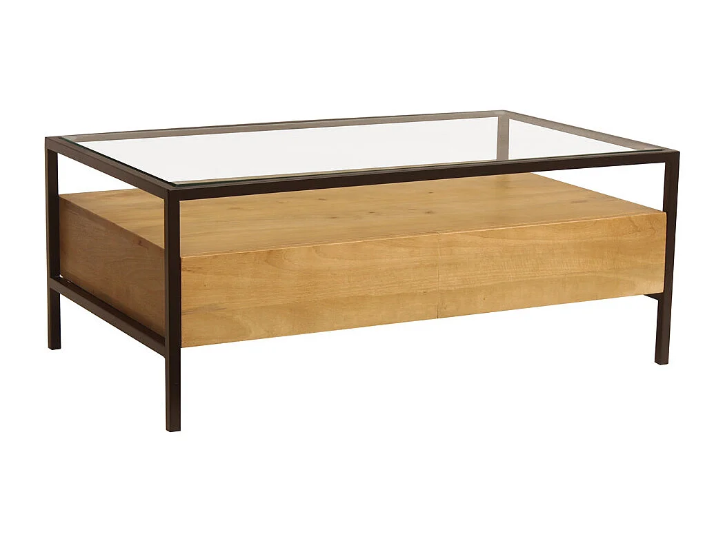 Tavolino da salotto rettangolare con ripiani in legno massello di mango, vetro e metallo nero L100 cm SITA