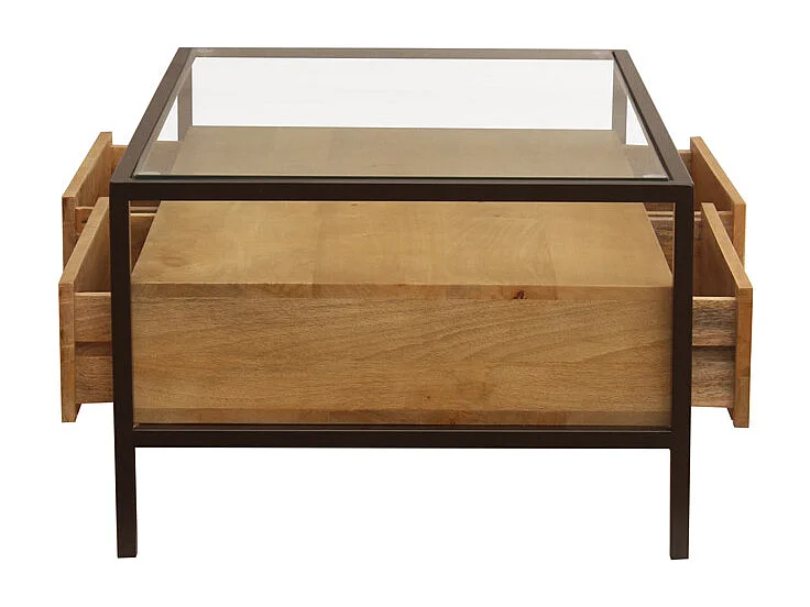 Tavolino da salotto rettangolare con ripiani in legno massello di mango, vetro e metallo nero L100 cm SITA