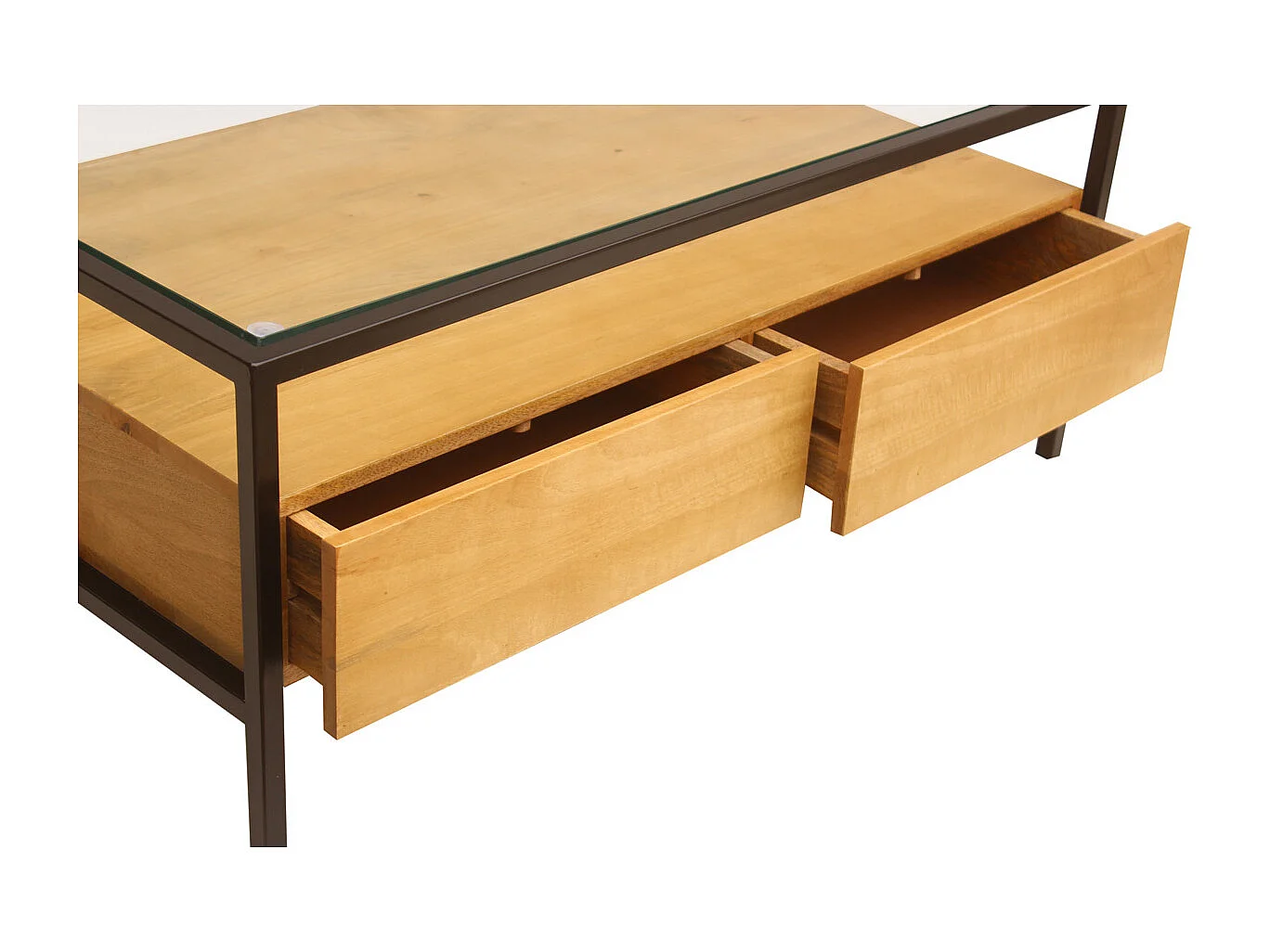 Tavolino da salotto rettangolare con ripiani in legno massello di mango, vetro e metallo nero L100 cm SITA