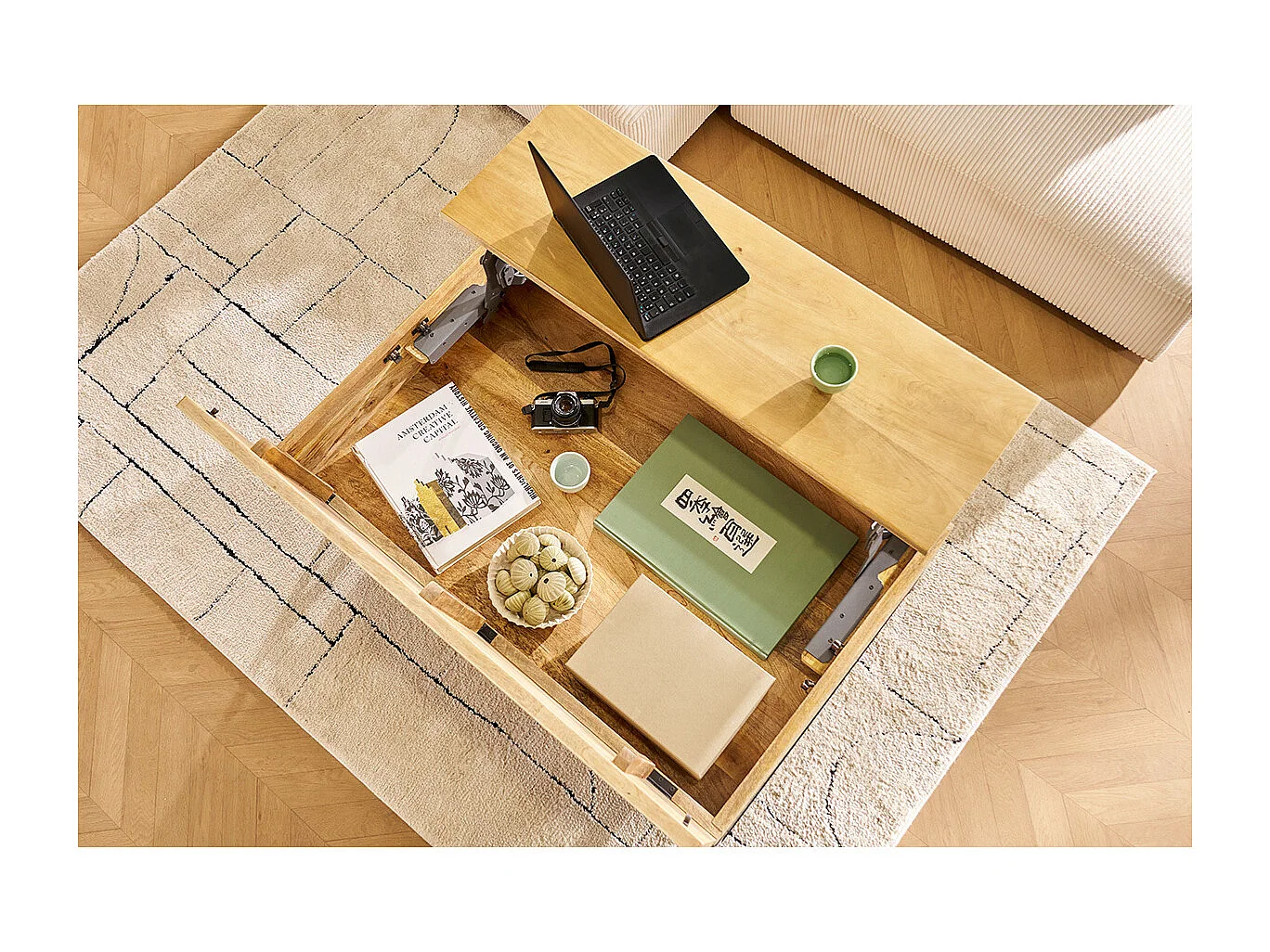 Table basse relevable industrielle bois manguier massif et métal noir L110 cm YPSTER