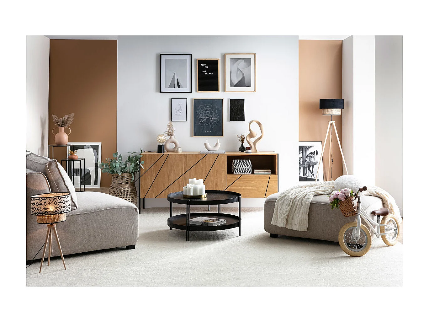 Table basse ronde design bois noir et métal noir D80 cm TWICE