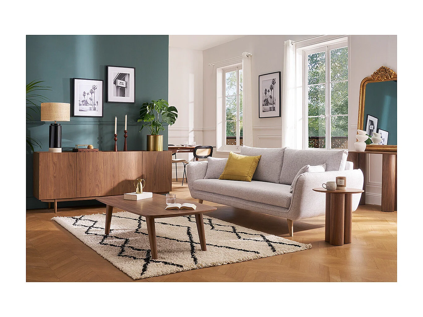 Table basse rectangulaire vintage bois foncé noyer L120cm FIFTIES