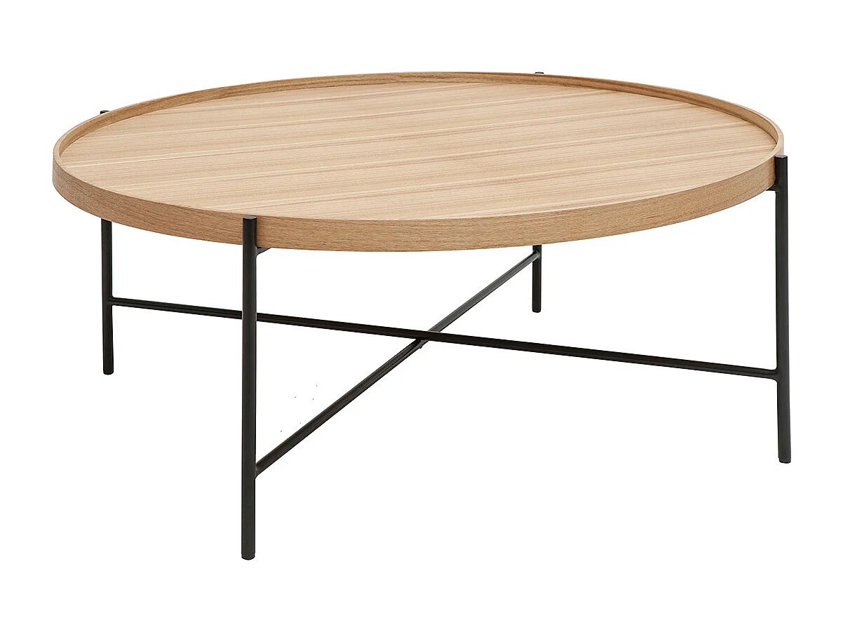 Mesa de centro redonda de madera clara y metal negro 90 cm BASSY
