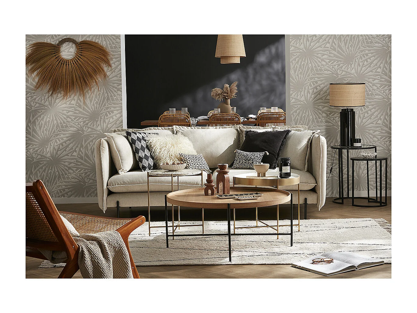 Mesa de centro redonda de madera clara y metal negro 90 cm BASSY