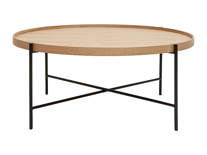 Mesa de centro redonda de madera clara y metal negro 90 cm BASSY