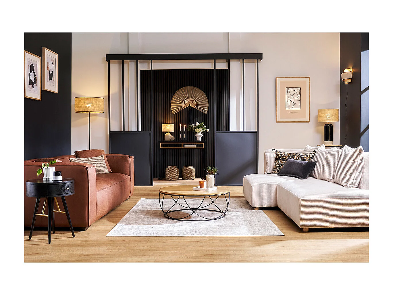 Table basse ronde bois clair chêne et métal noir D80 cm LACE