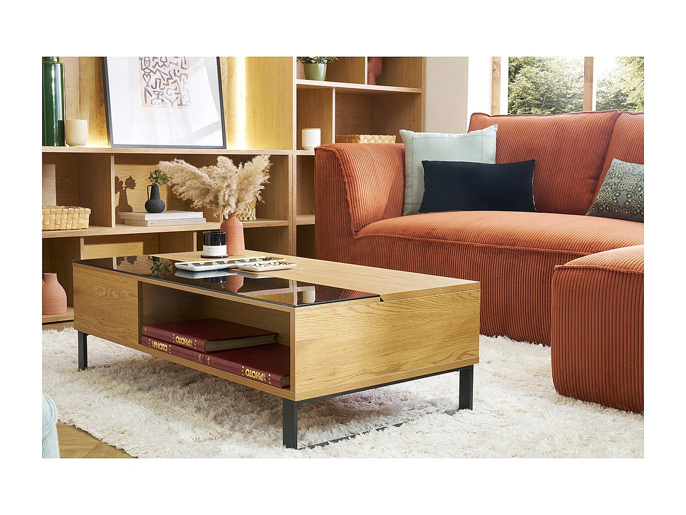 Table basse relevable rectangulaire bois clair et métal noir L110 cm WYNN